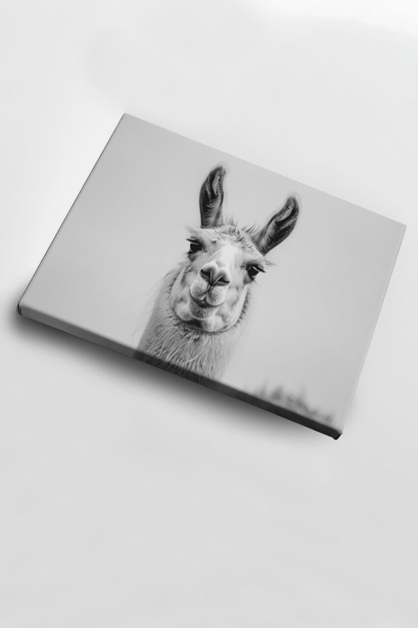 Fotografie Poster Lama Nahaufnahme schwarz-weiß kontrastreich