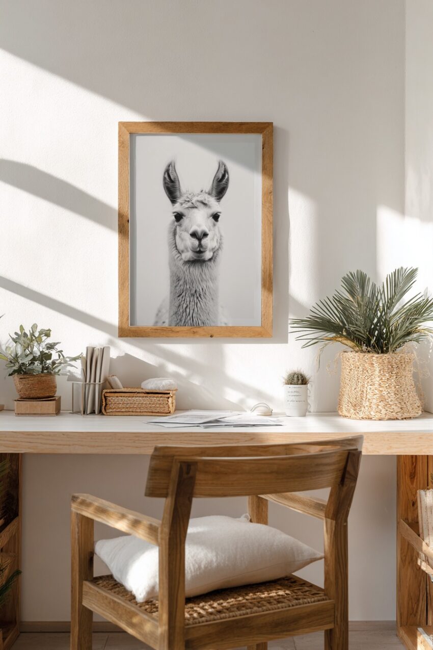 Fotografie Poster Lama Porträt schwarzweiß minimal