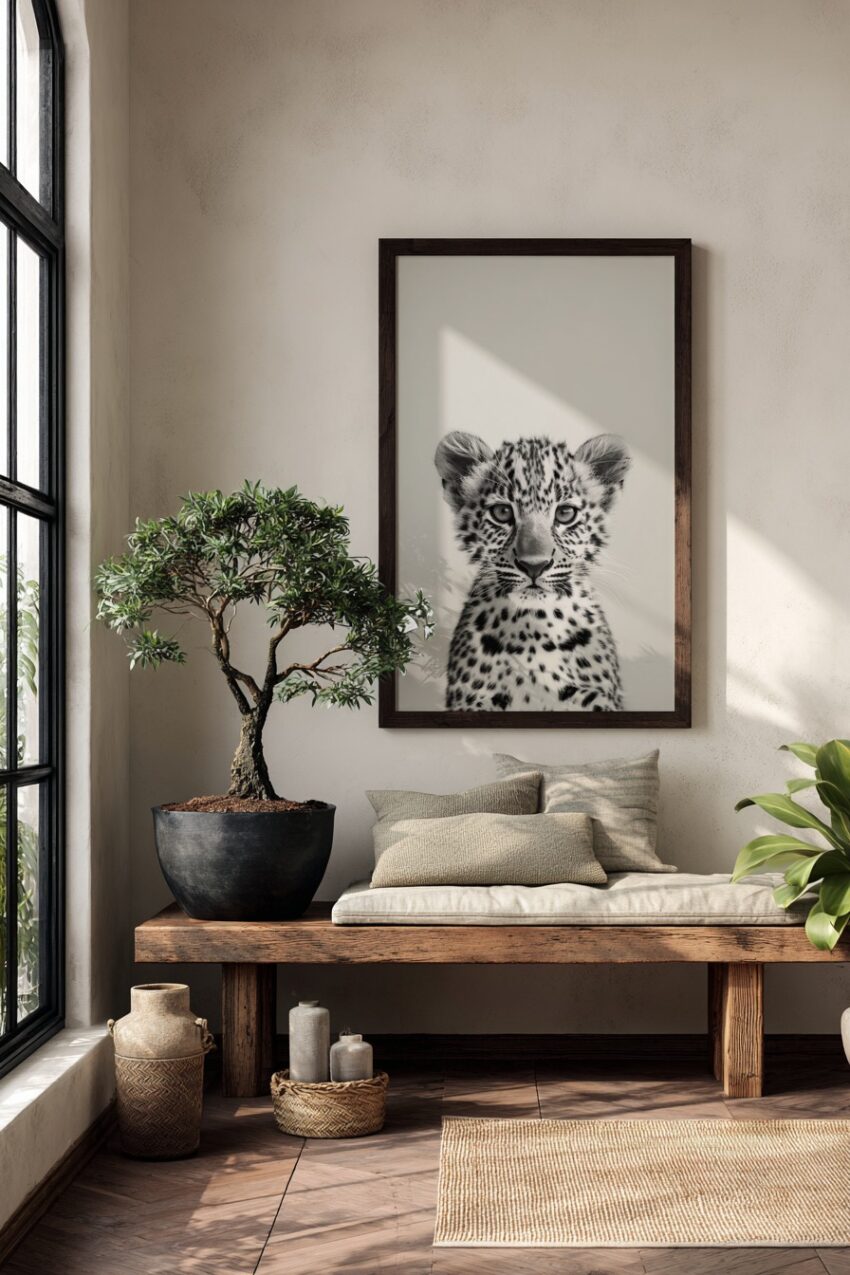 Fotografie Poster Leopardjunges schwarz-weiß intensiver Blick