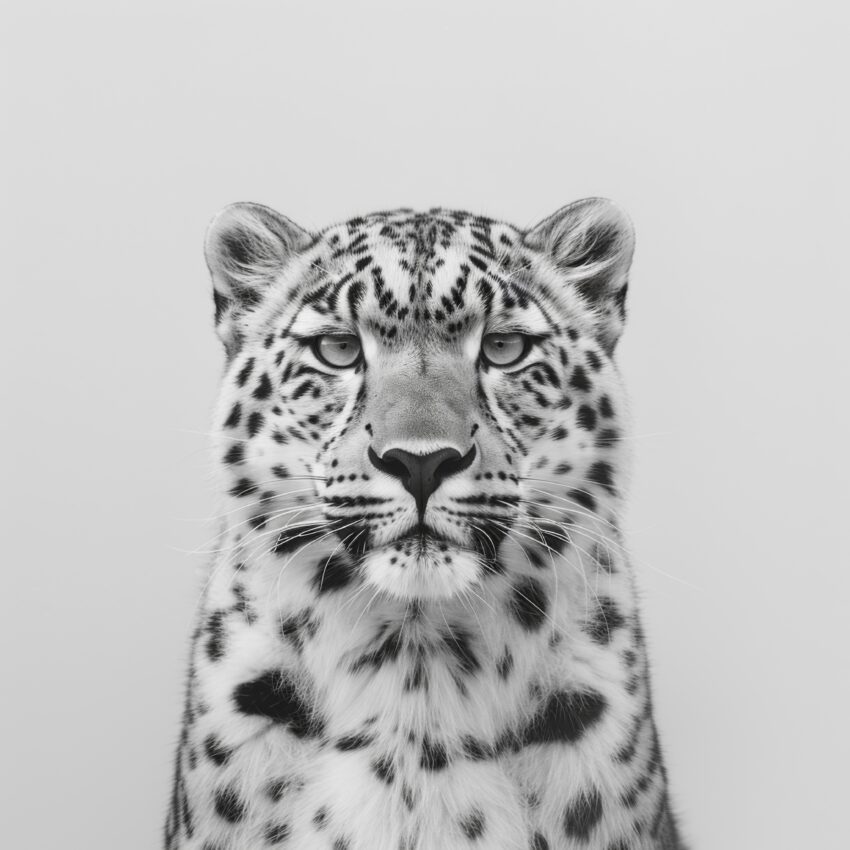 Fotografie Poster Schneeleopard detailliert schwarz-weiß