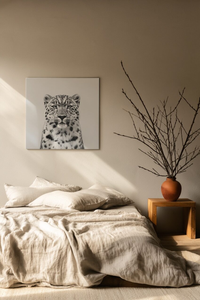 Fotografie Poster Schneeleopard detailliert schwarz-weiß