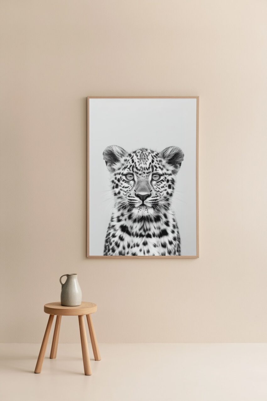 Fotografie Poster junger Leopard schwarz-weiß klar