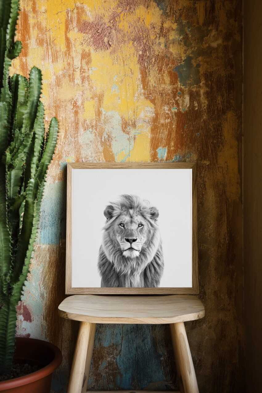 Fotografie Poster Löwe frontal schwarz-weiß