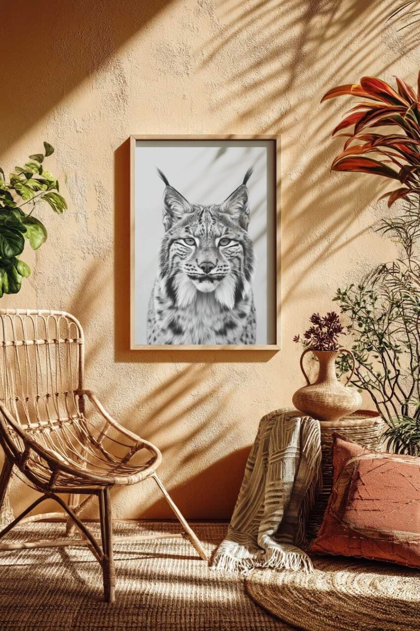 Fotografie Poster Luchs Gesicht Frontal schwarz-weiß