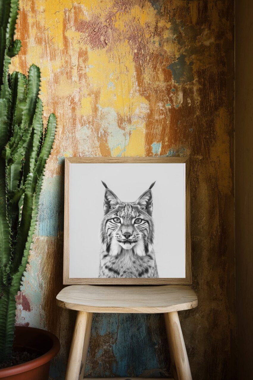 Fotografie Poster Luchs frontal schwarz-weiß