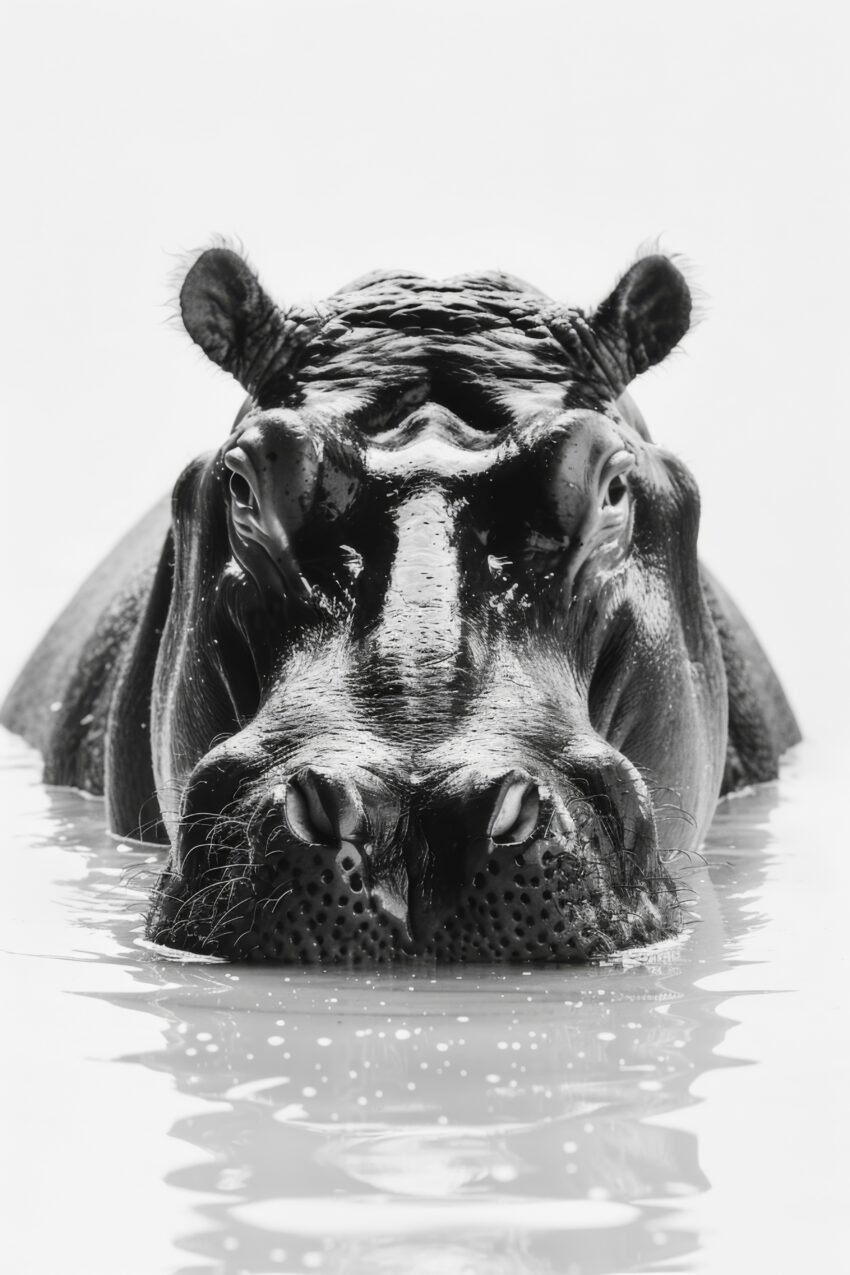 Fotografie Poster Nildpferd Frontal Nah schwarz-weiß