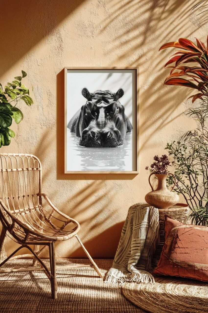 Fotografie Poster Nildpferd Frontal Nah schwarz-weiß