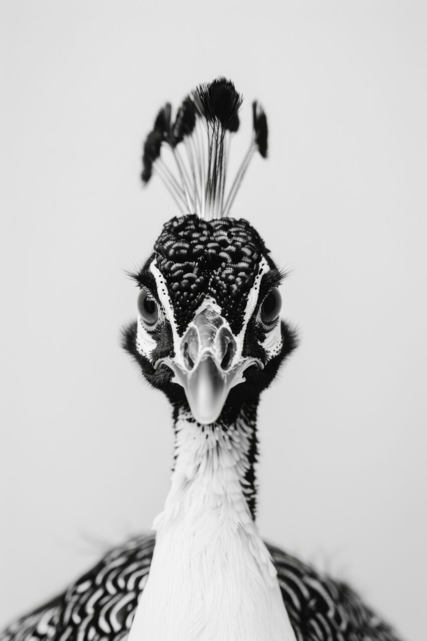 Fotografie Poster Helmperlhuhn Kopf schwarzweiß klar detailreich