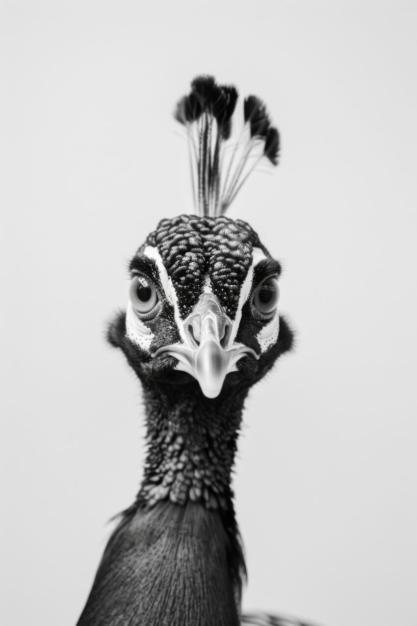 Fotografie Poster Pfau Kopf frontal schwarz-weiß