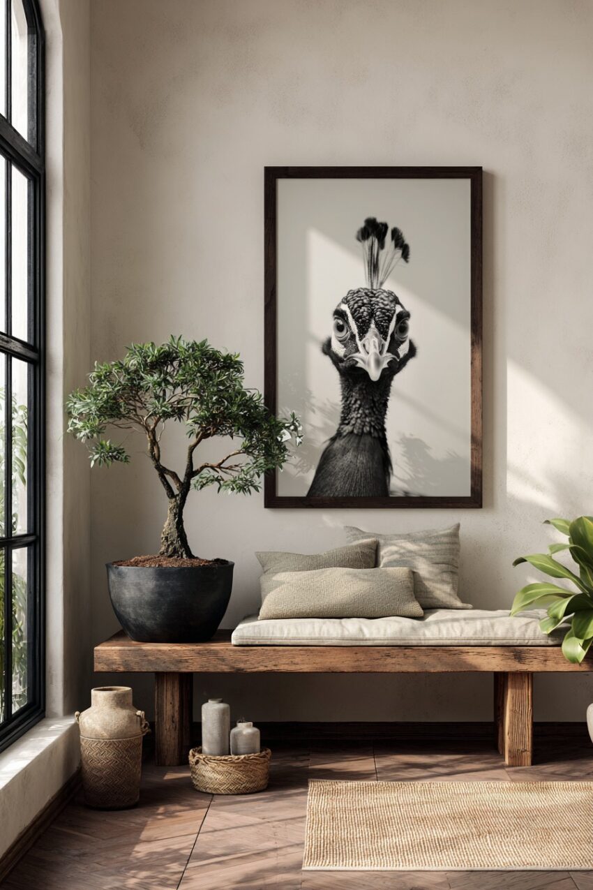 Fotografie Poster Pfau Kopf frontal schwarz-weiß