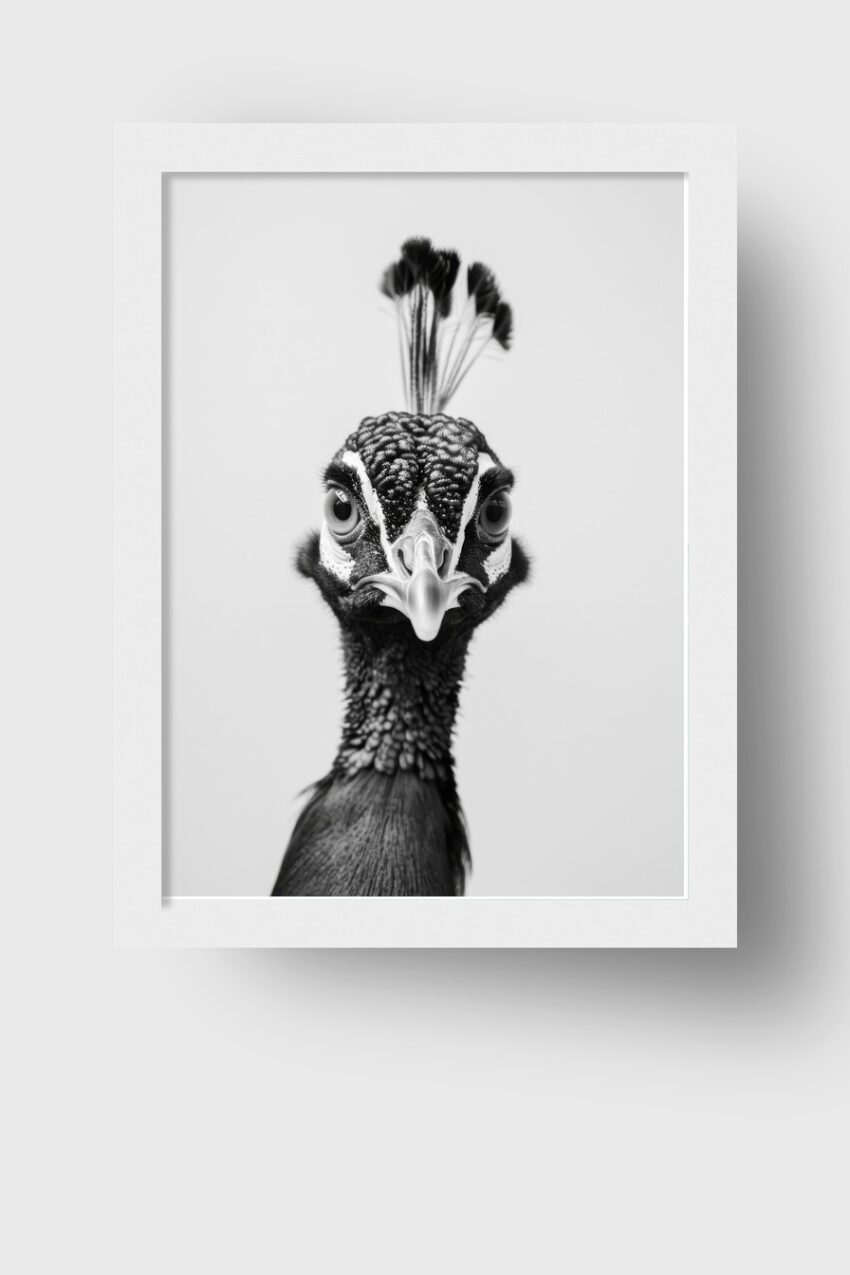 Fotografie Poster Pfau Kopf frontal schwarz-weiß
