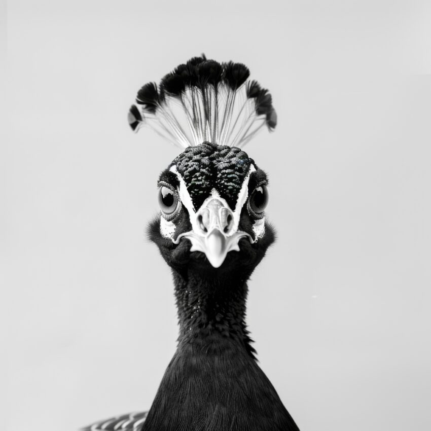 Fotografie Poster Pfau Kopf frontal schwarz-weiß