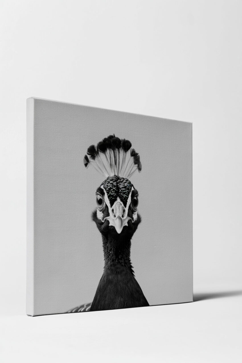 Fotografie Poster Pfau Kopf frontal schwarz-weiß