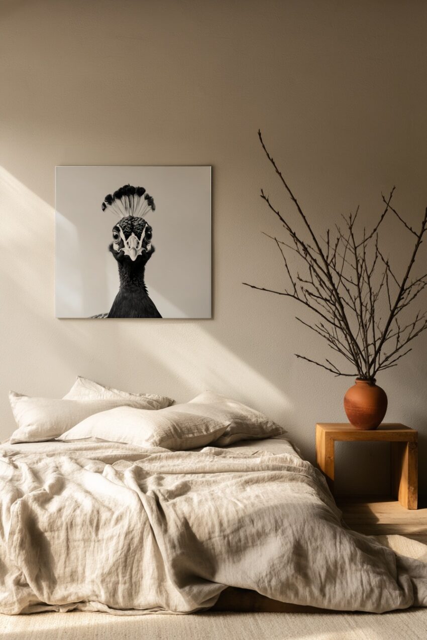 Fotografie Poster Pfau Kopf frontal schwarz-weiß