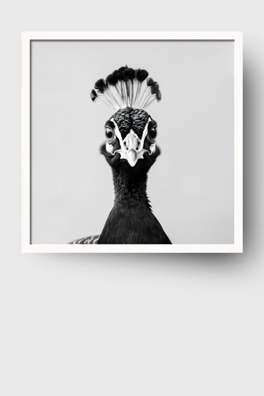 Fotografie Poster Pfau Kopf frontal schwarz-weiß
