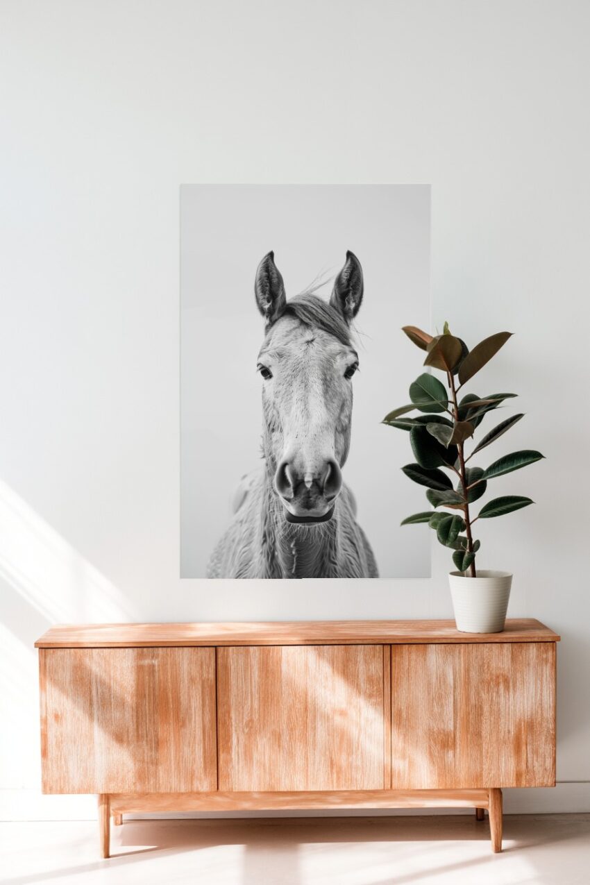 Fotografie Poster Pferd frontal schwarz-weiß nahaufnahme