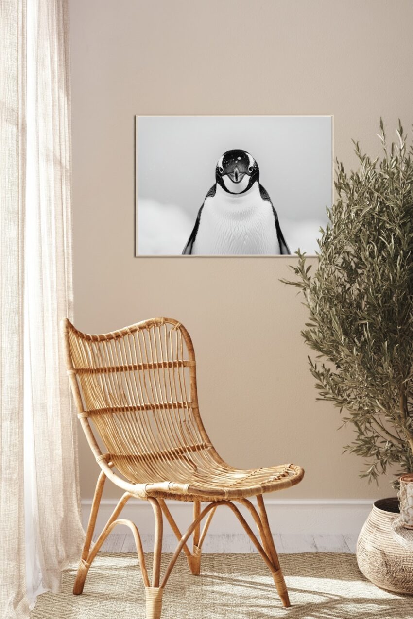 Fotografie Poster Pinguin Kopf frontal schwarz-weiß nah