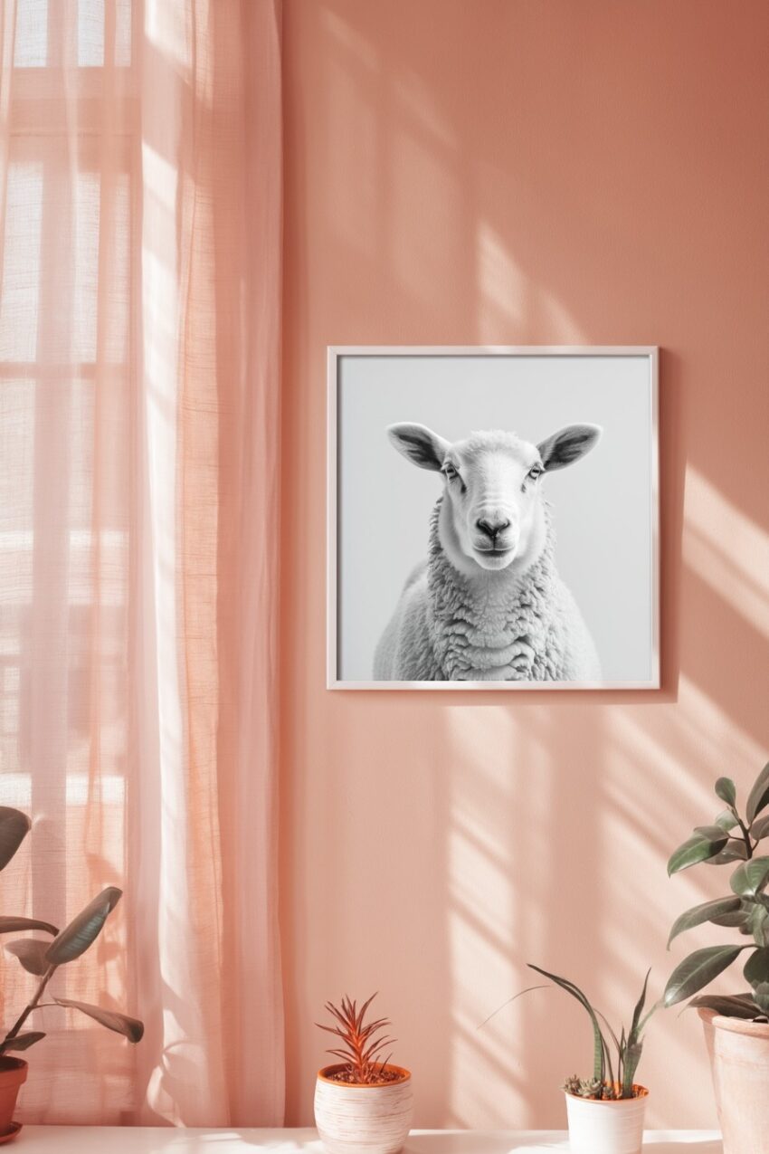 Fotografie Poster Schaf frontal schwarz-weiß minimalistisch