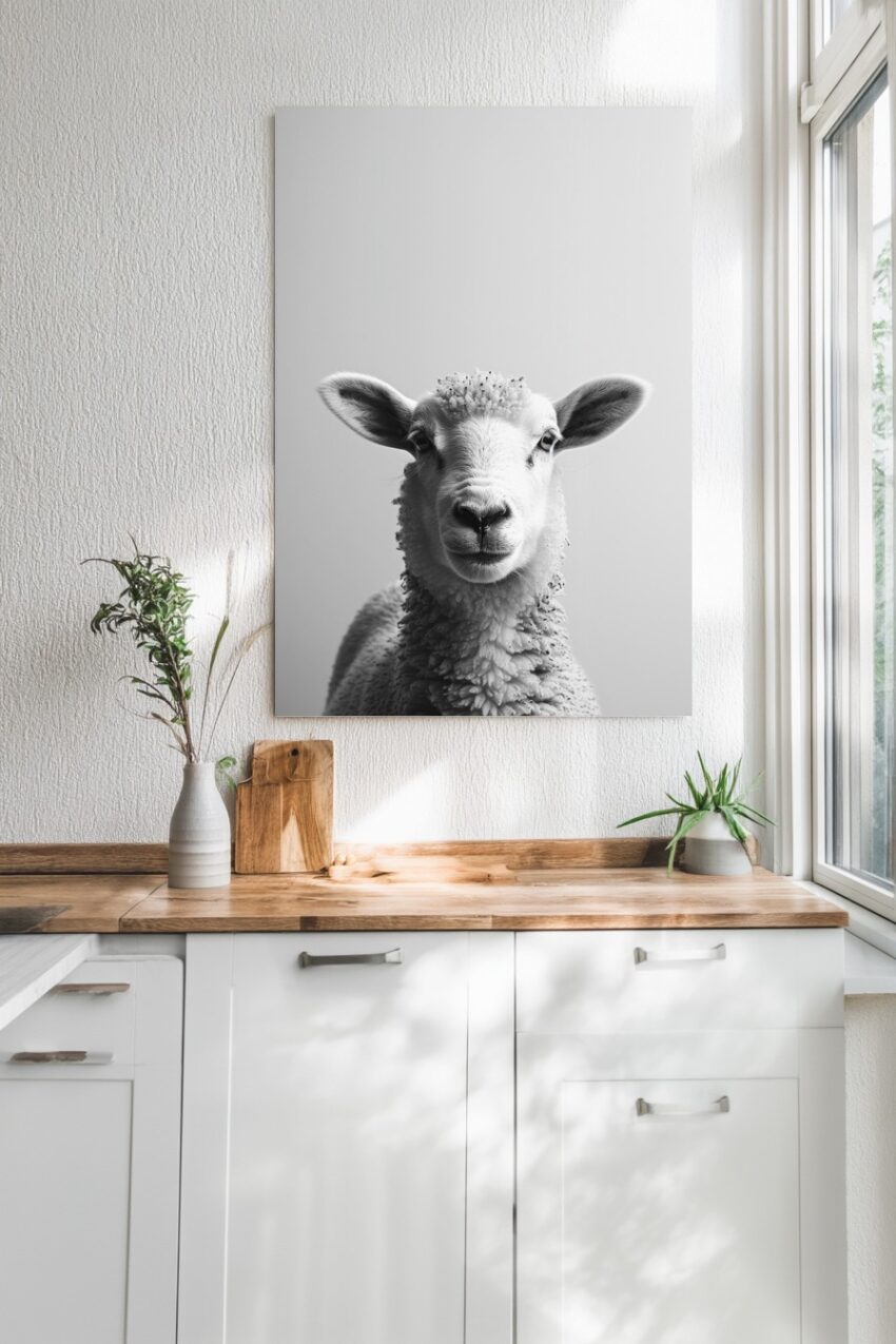 Fotografie Poster Schaf frontal schwarz-weiß minimalistisch