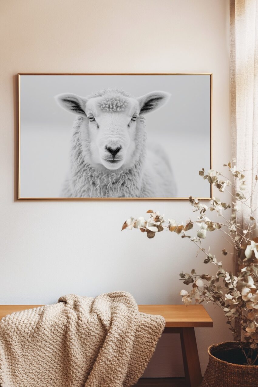 Fotografie Poster Schaf weiß schwarz-weiß frontal