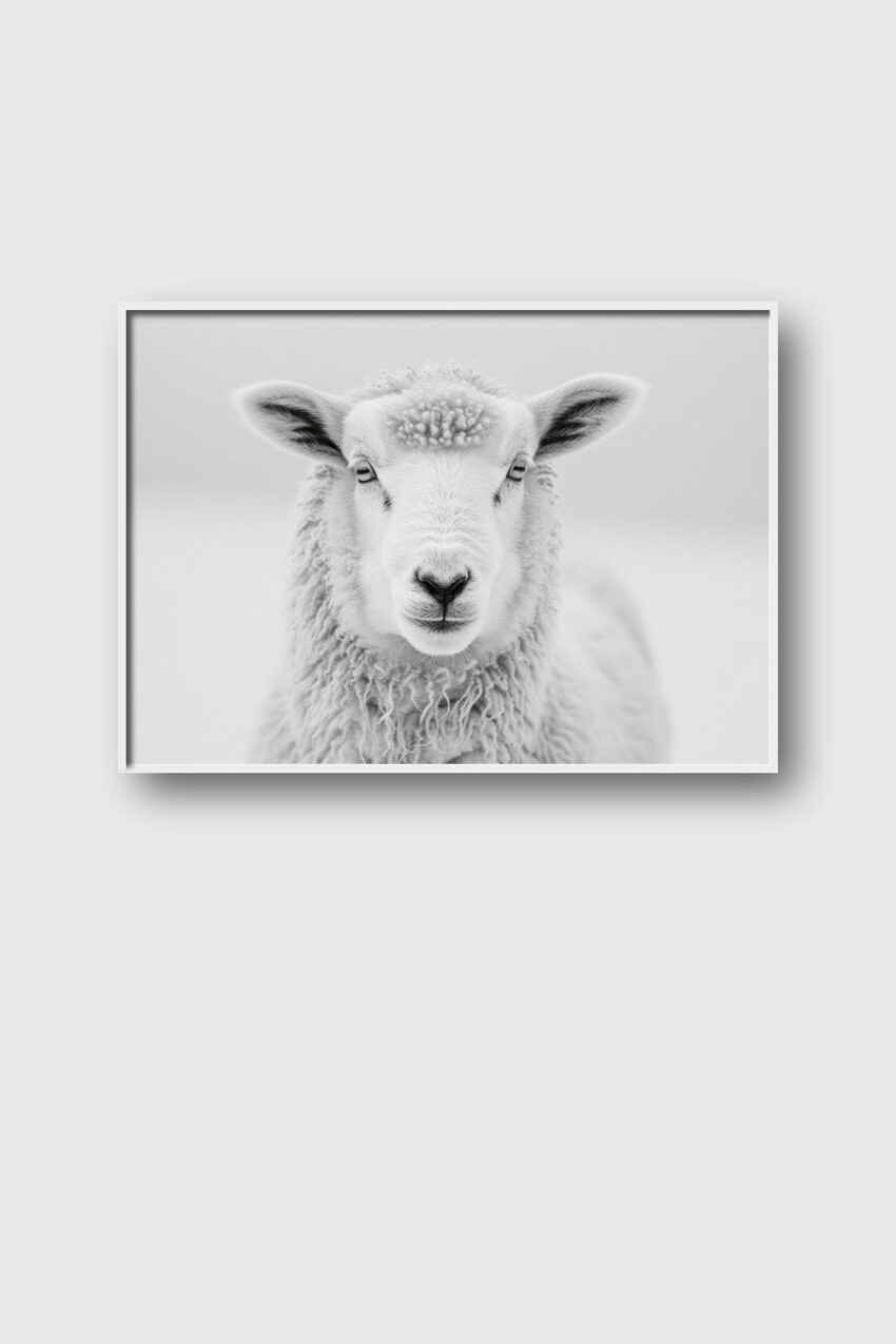 Fotografie Poster Schaf weiß schwarz-weiß frontal
