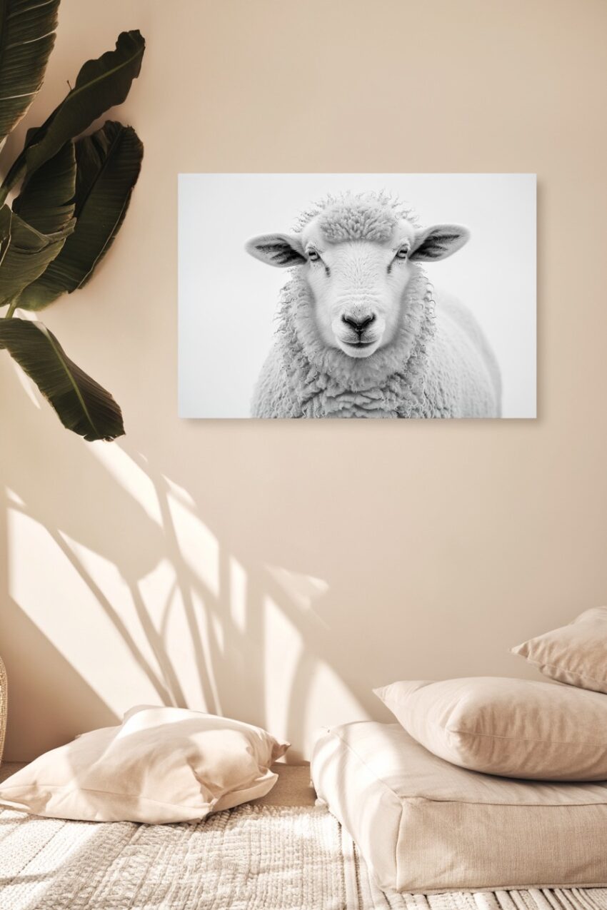 Fotografie Poster Schaf frontal schwarz-weiß ruhig