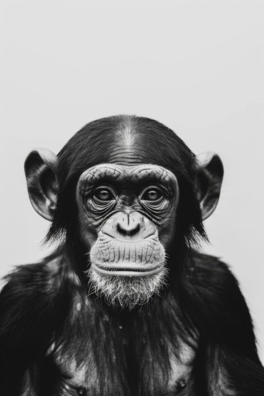 Fotografie Poster Schimpanse Blick frontal schwarz-weiß