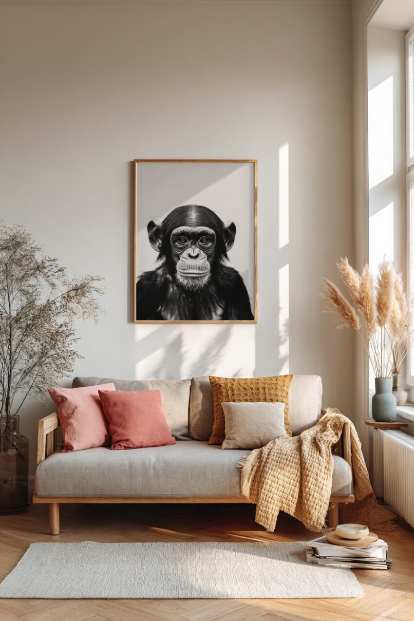 Fotografie Poster Schimpanse Blick frontal schwarz-weiß