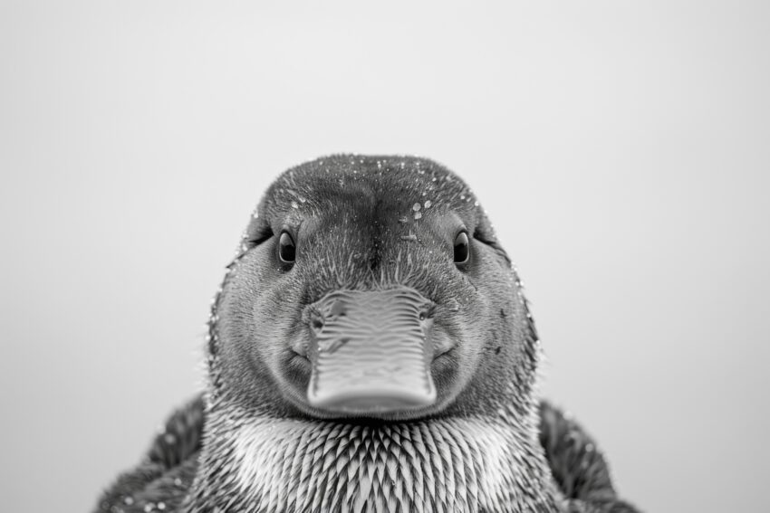 Fotografie Poster Ente frontal schwarz-weiß nahaufnahme