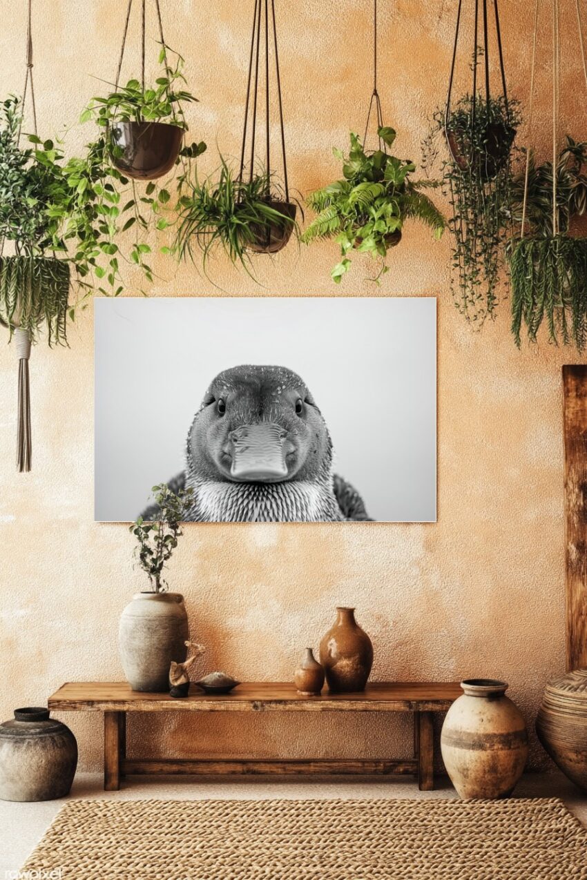 Fotografie Poster Ente frontal schwarz-weiß nahaufnahme