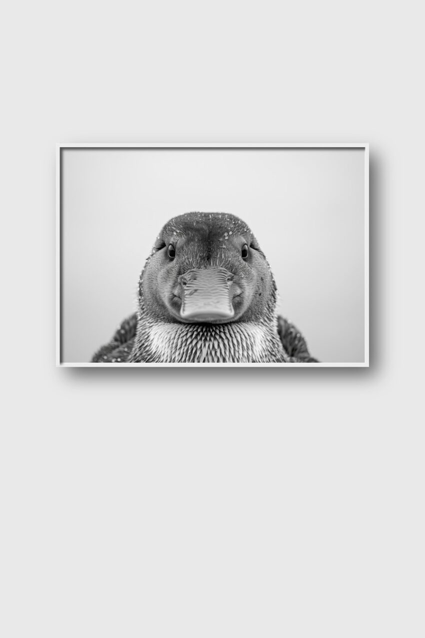 Fotografie Poster Ente frontal schwarz-weiß nahaufnahme