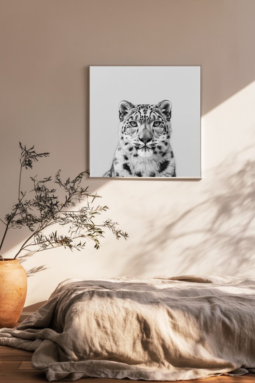 Fotografie Poster Schneeleopard monochrom Nahaufnahme