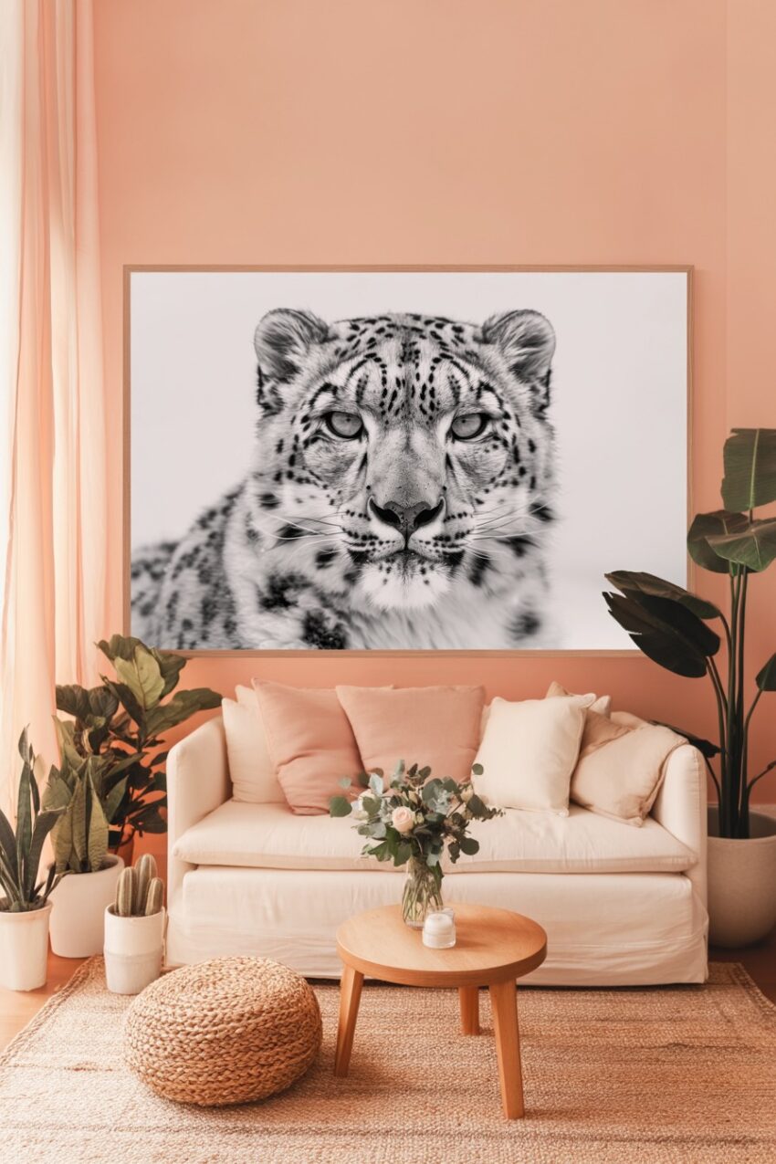 Fotografie Poster Schneeleopard intensiver Blick schwarz-weiß