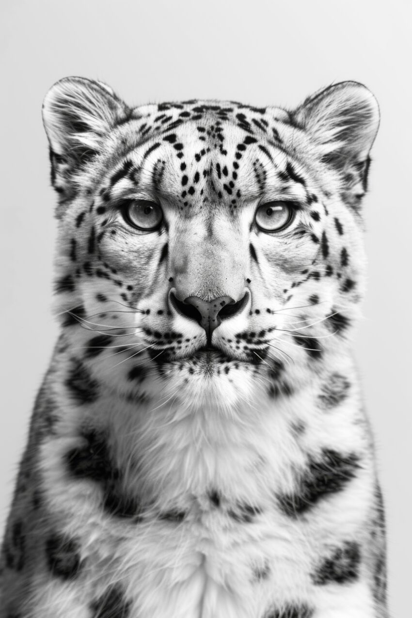 Fotografie Poster Schneeleopard schwarz-weiß frontal