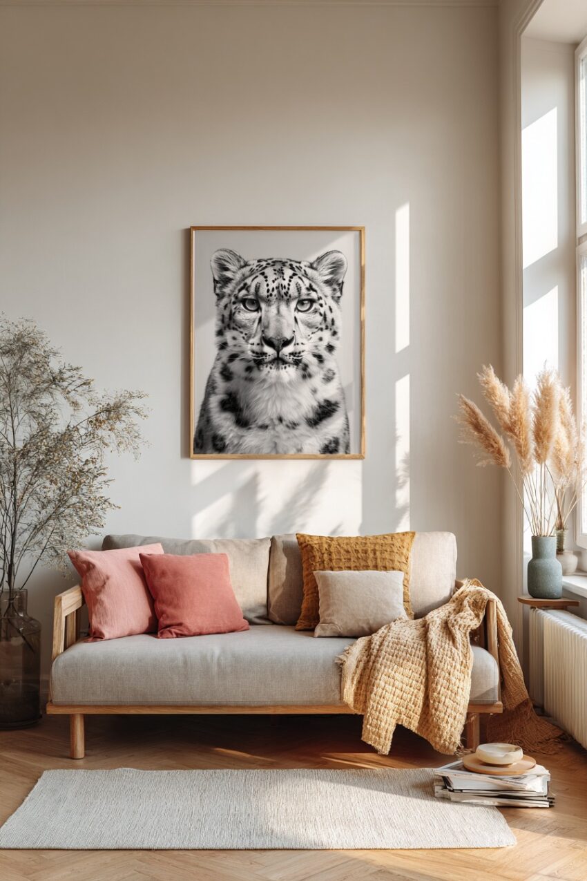 Fotografie Poster Schneeleopard schwarz-weiß frontal