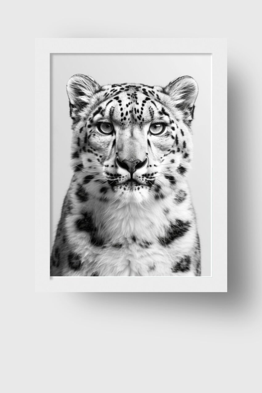 Fotografie Poster Schneeleopard schwarz-weiß frontal