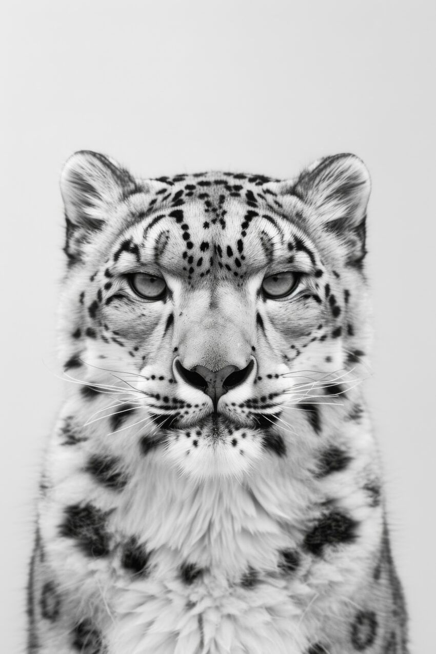 Fotografie Poster Schneeleopard schwarz-weiß frontal Blick