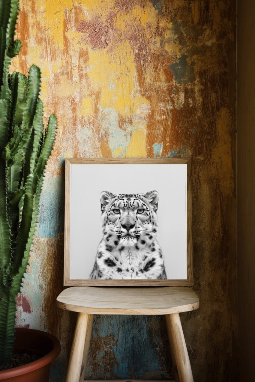 Fotografie Poster Schneeleopard schwarz-weiß frontal