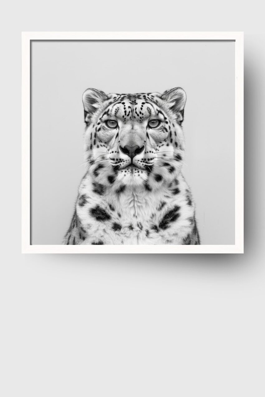 Fotografie Poster Schneeleopard schwarz-weiß frontal