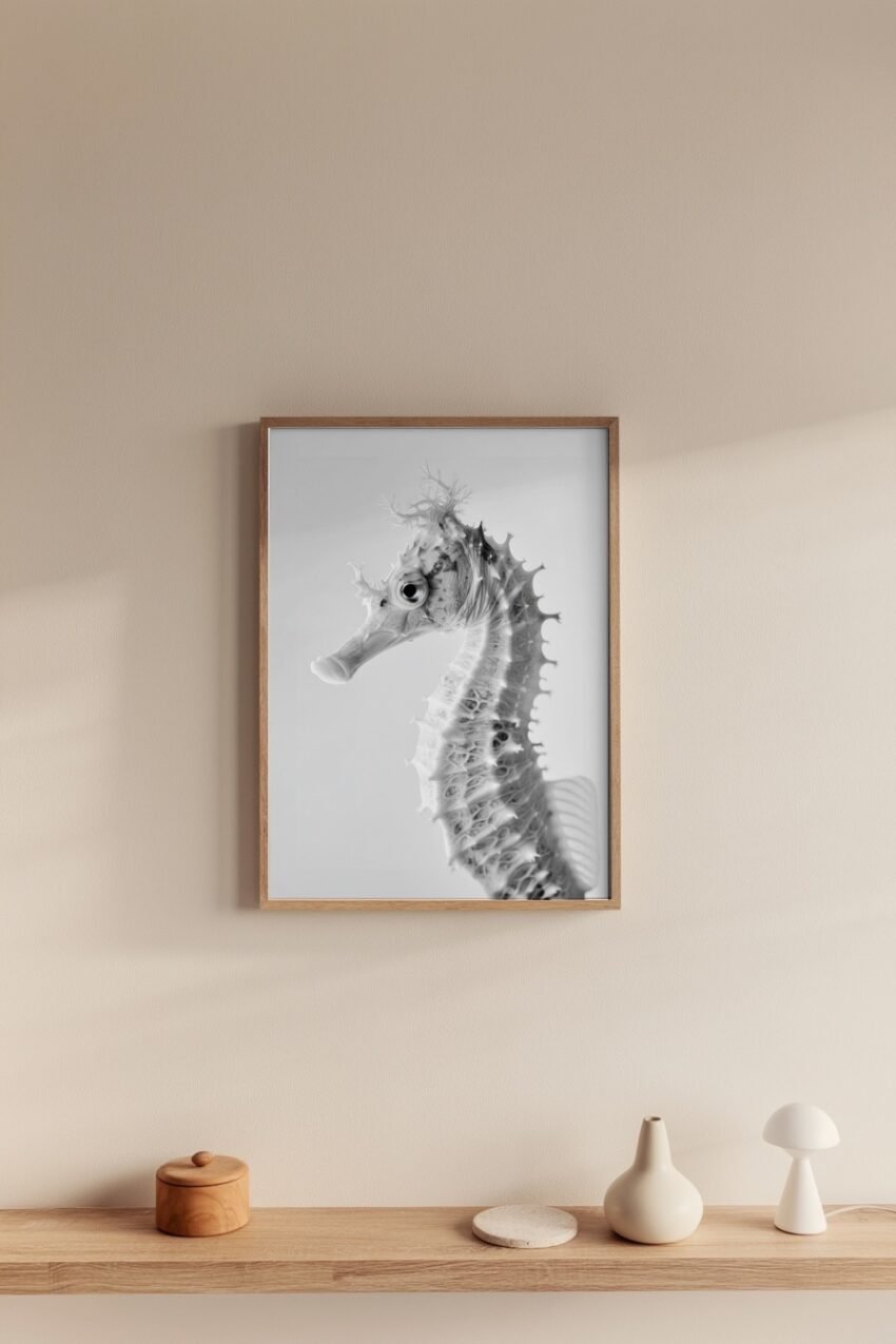 Fotografie Poster Seepferdchen schwarz-weiß Nahaufnahme