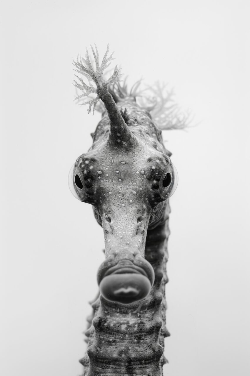 Fotografie Poster Seepferdchen Nahaufnahme schwarzweiß