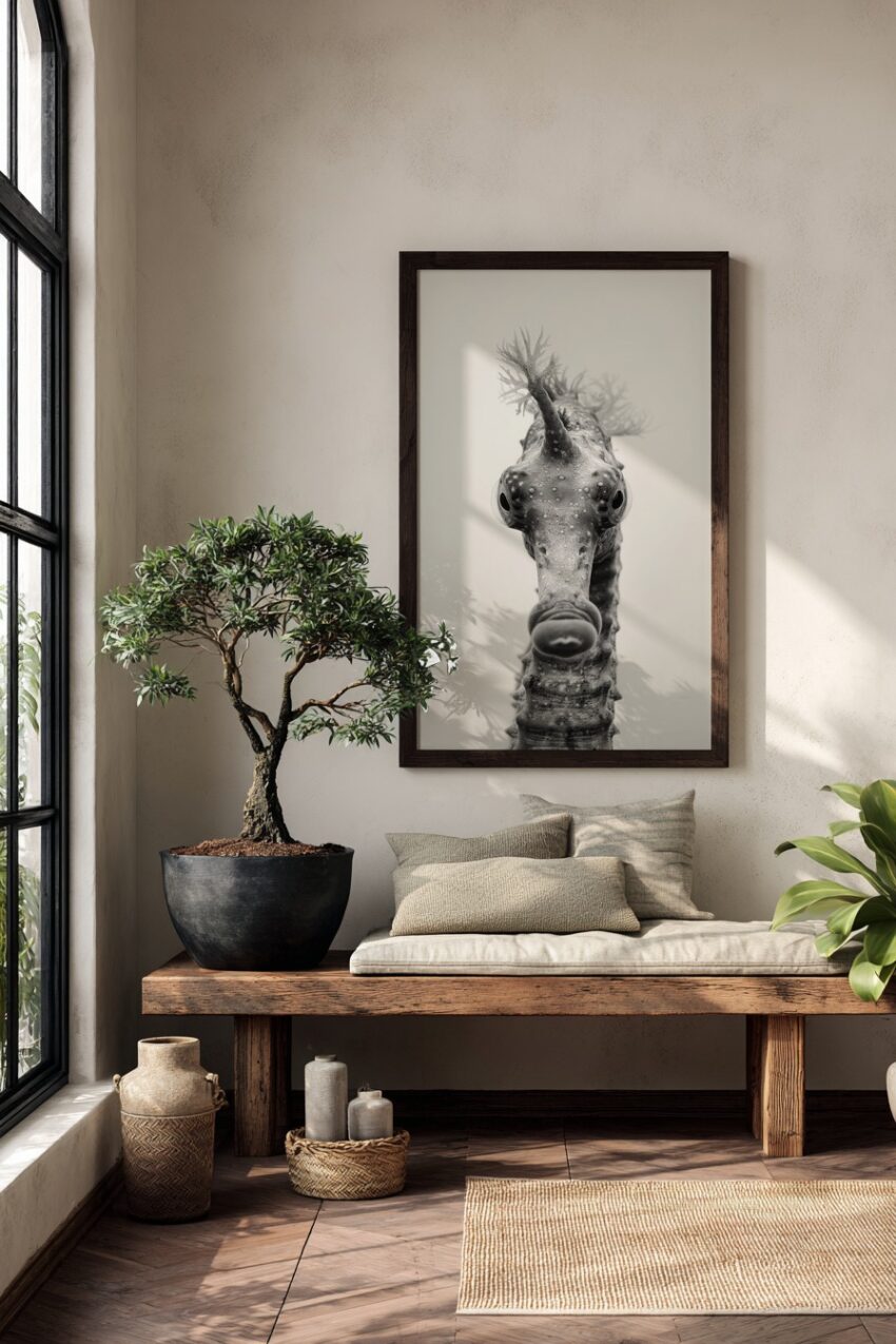 Fotografie Poster Seepferdchen Nahaufnahme schwarzweiß