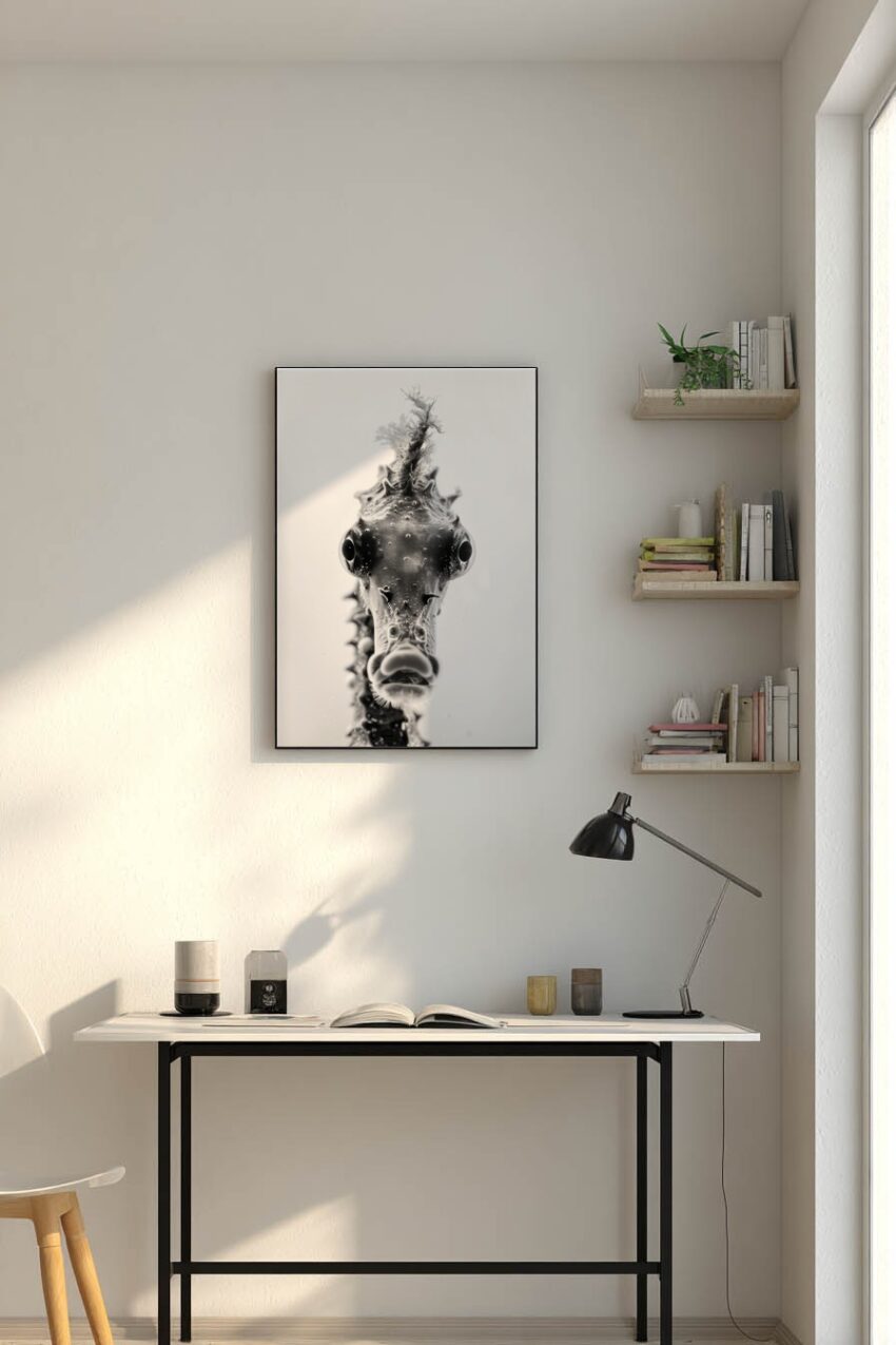 Fotografie Poster Seepferdchen schwarz-weiß frontal Nahaufnahme