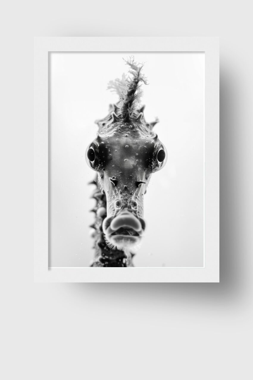 Fotografie Poster Seepferdchen schwarz-weiß frontal Nahaufnahme