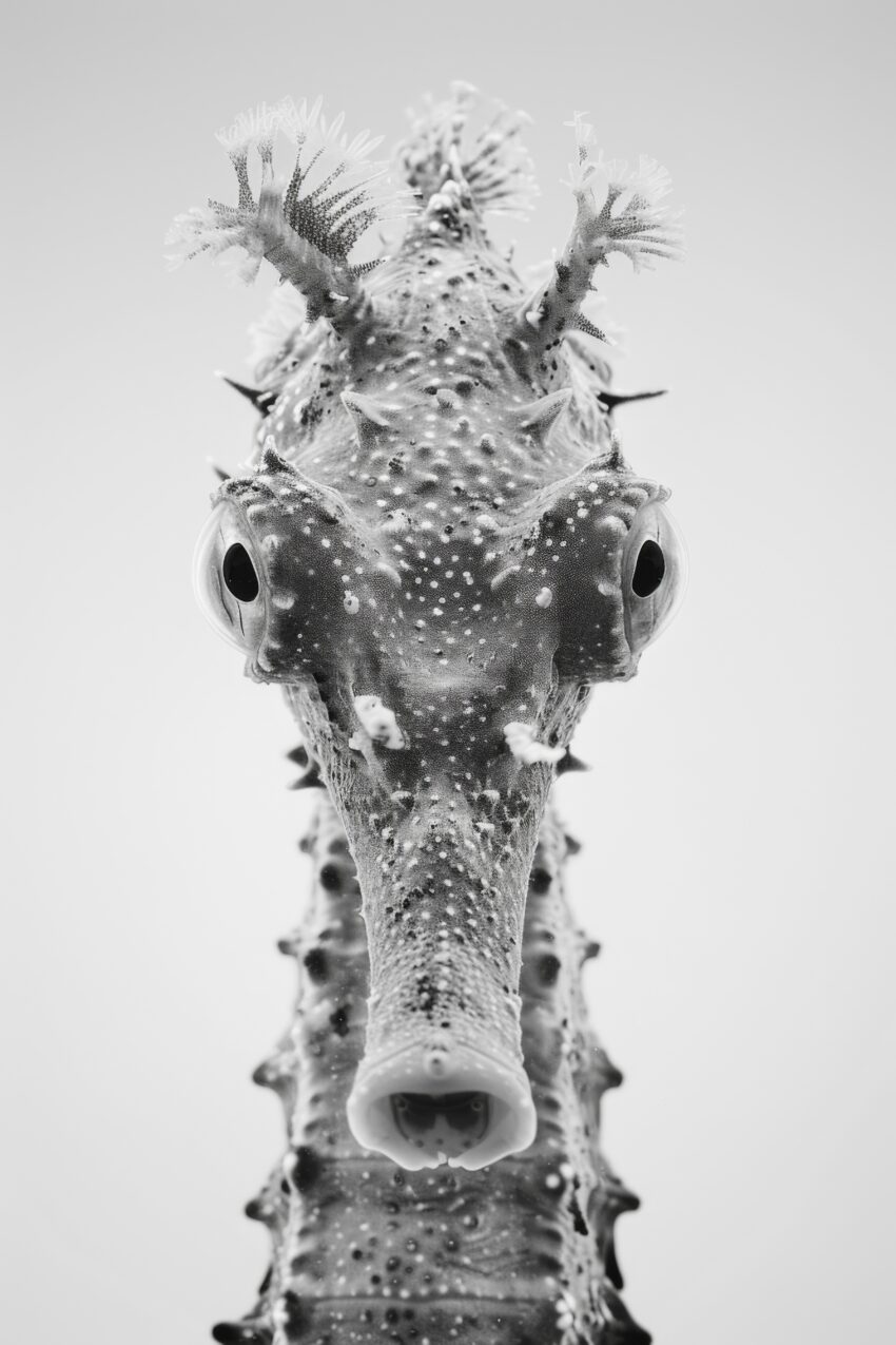 Fotografie Poster Seepferdchen schwarz-weiß nahaufnahme