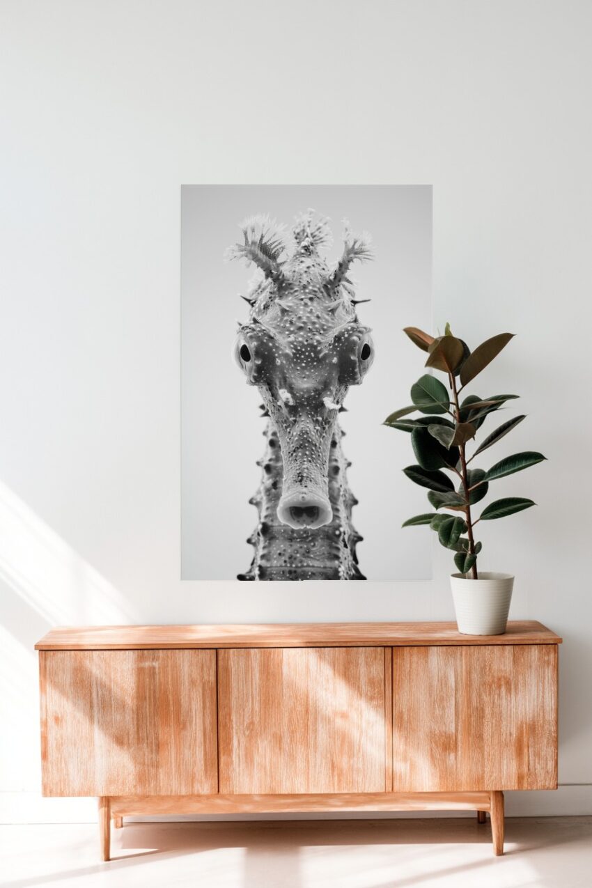 Fotografie Poster Seepferdchen schwarz-weiß nahaufnahme