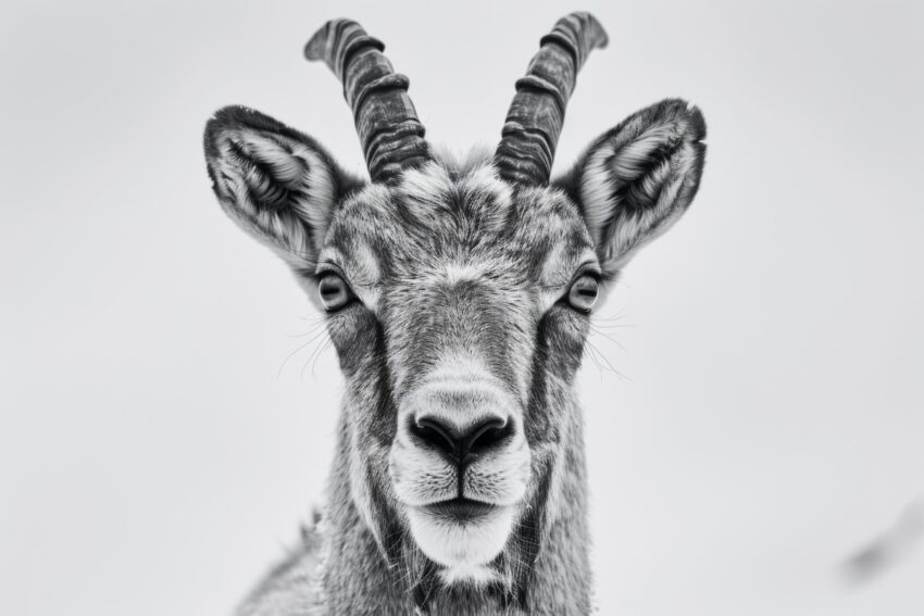 Fotografie Poster Steinbock frontal schwarz-weiß Tierporträt