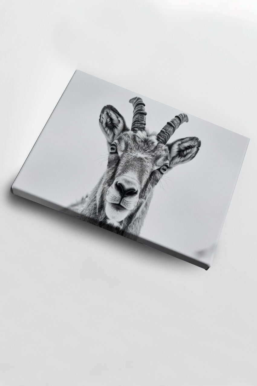 Fotografie Poster Steinbock frontal schwarz-weiß Tierporträt