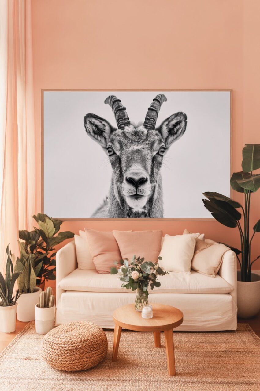 Fotografie Poster Steinbock frontal schwarz-weiß Tierporträt