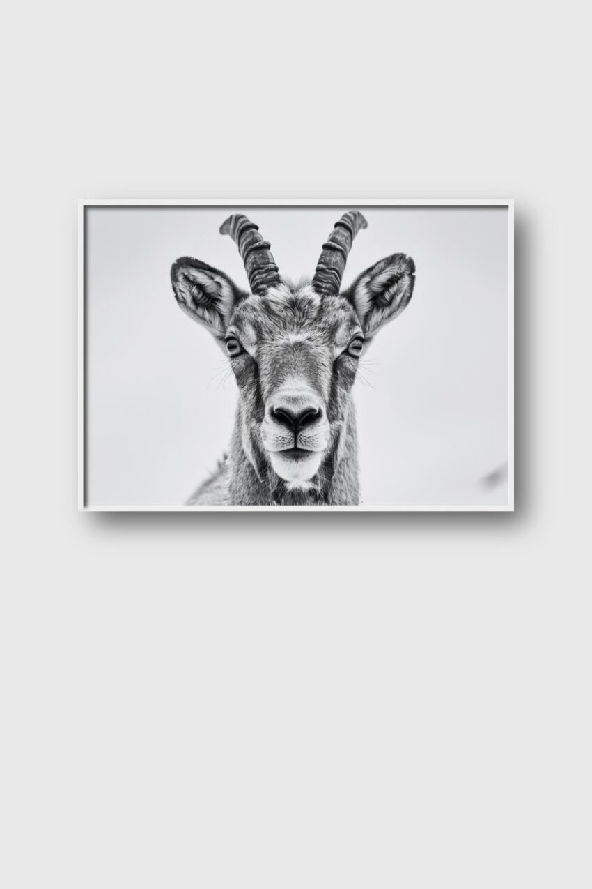 Fotografie Poster Steinbock frontal schwarz-weiß Tierporträt